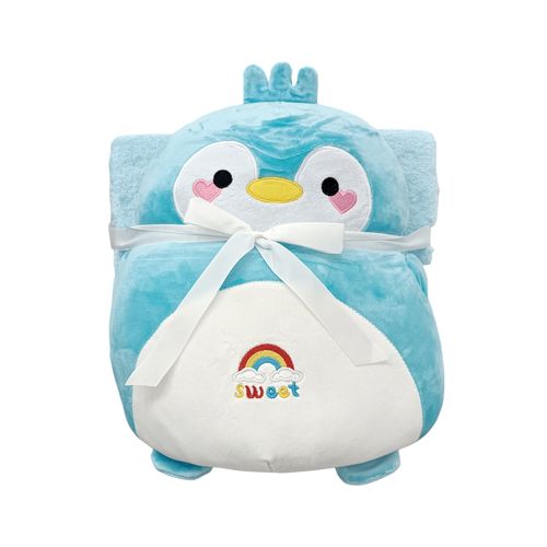 Frazada celeste con peluche de pingüino