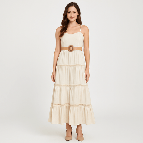 Vestido maxi beige sólido