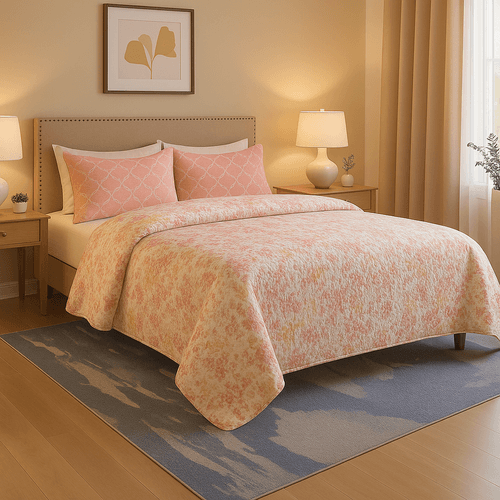 Set de cubrecama King rosa estampado de 7 piezas