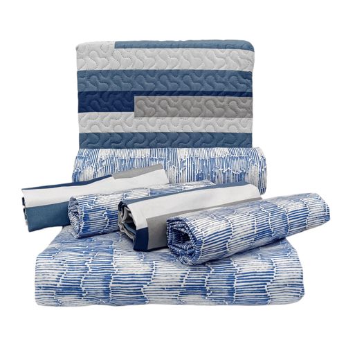 Set de cubrecama full estampado de 7 piezas azul