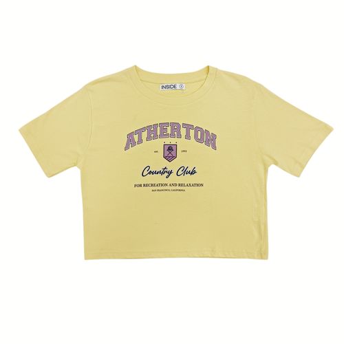 Camiseta crop amarilla estampada para mujer