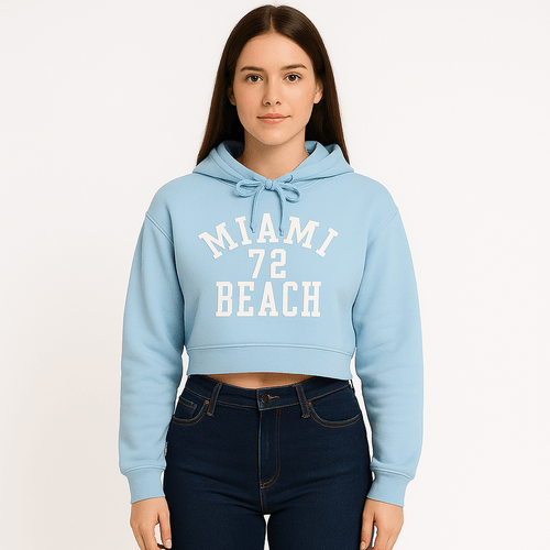 Hoodie cropped celeste estampado para mujer