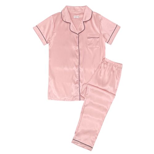 Pijama satinada rosa sólida para mujer