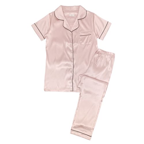 Pijama satinada rosa palo sólida para mujer