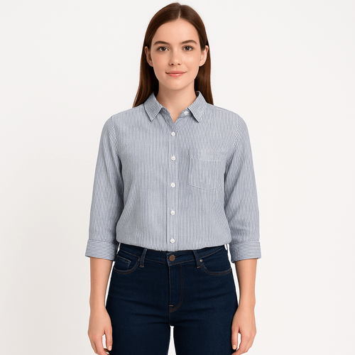 Blusa celeste mangas 3/4 roll up casual para mujer