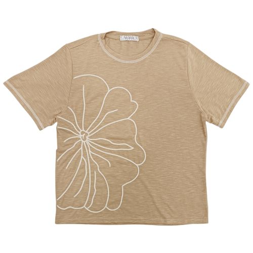 Camiseta beige bordado floral con mangas cortas para mujer