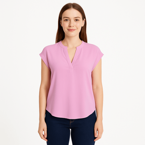 Blusa rosa casual de cuello en V para mujer
