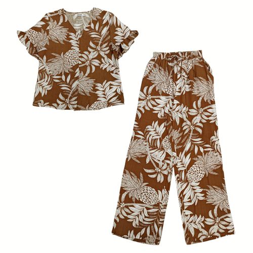 Conjunto playero estampado color café para mujer