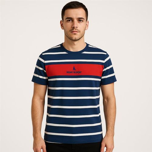 Camiseta color navy rayada con mangas cortas y cuello redondo para hombre