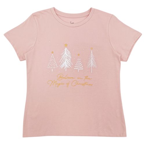 Camiseta navideña color rosa cuello redondo mangas cortas para mujer