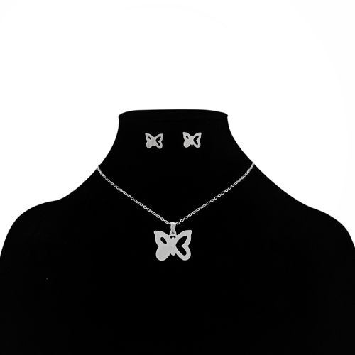 Set de aretes y collar color plateado con diseño de mariposa para mujer