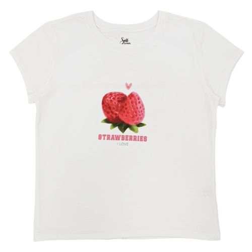 Camiseta corazón strawberry con cuello redondo en color blanco para mujer
