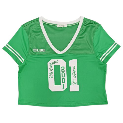 Camiseta cropped color verde con escote V de mangas cortas para mujer
