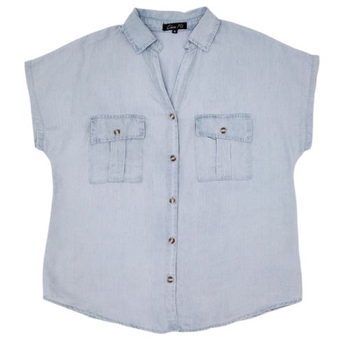 Blusa color celeste tipo denim de mangas cortas para mujer