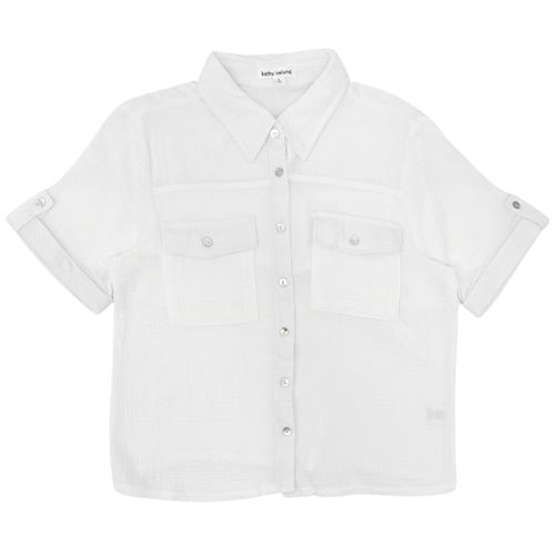 Blusa casual color blanco con cierre de botones y mangas cortas para mujer