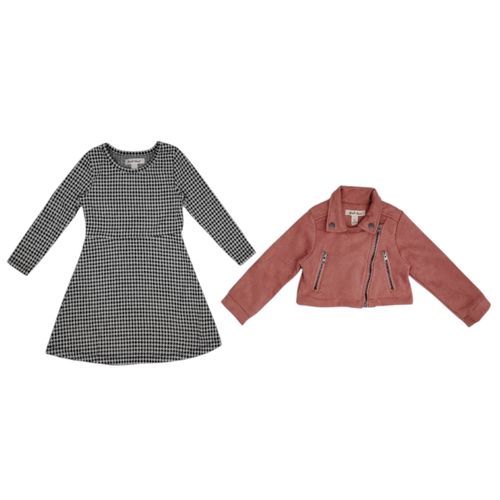 Conjunto vestido bicolor y chaqueta de mangas largas con cierre  de zíper para niña