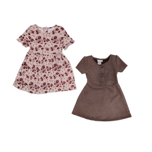 Duo de vestidos en bicolor de cuello redondo y mangas cortas para niña