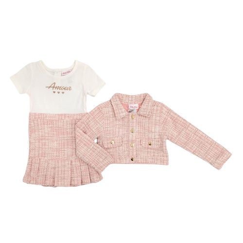 Conjunto de vestido bicolor y chaqueta de mangas largas con cierre de botones para niña