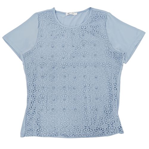Blusa color celeste con detalle de encaje y piedras para mujer