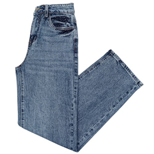 Straight jeans color azul con brillos por enfrente para mujer