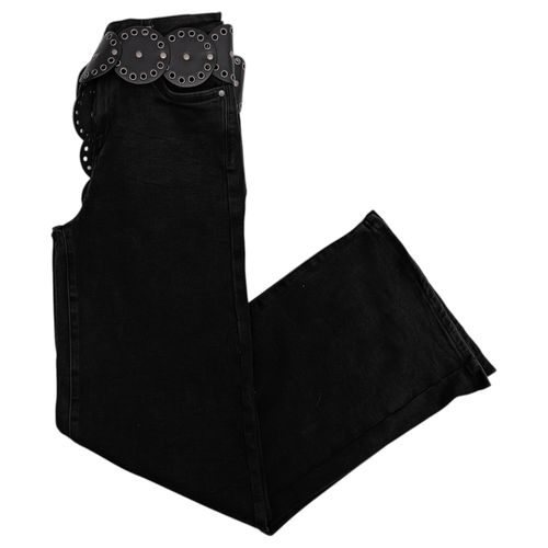 Wide leg jeans color negro sólido con cintura alta y cincho para mujer