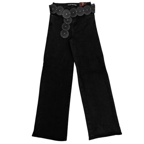 Wide leg jeans color negro sólido con cintura alta y cincho para mujer