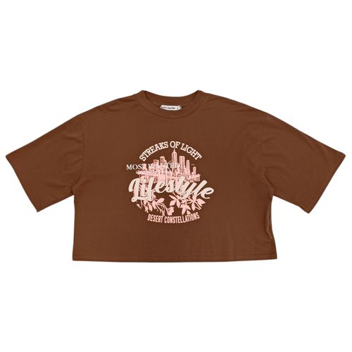 Crop top color café con mangas cortas para mujer