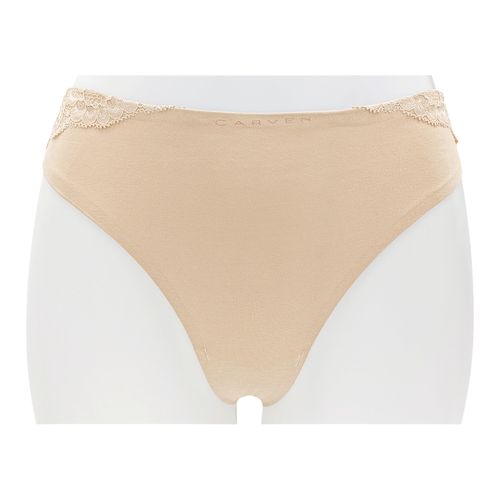 Panty color beige tipo hilo sin costura y encaje para mujer