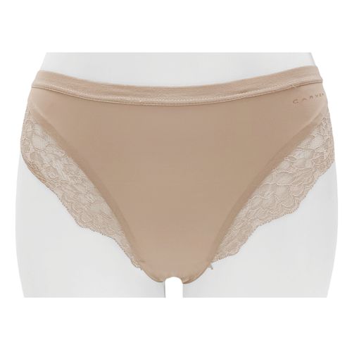 Panty color beige tipo bikini con detalle de encaje para mujer