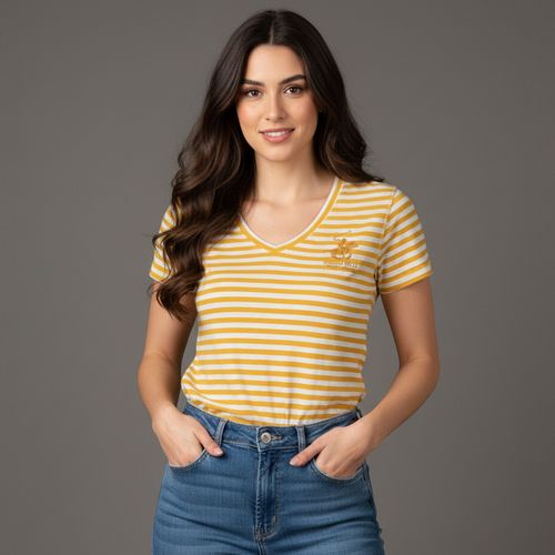 Camiseta color amarillo mostaza con cuello en V para mujer