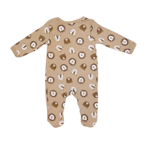 Pijama color café estampada de mangas largas con piecitos para bebé niño