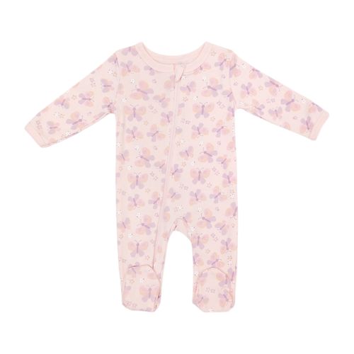Pijama color rosa estampada de mangas largas con piecitos para bebé niña