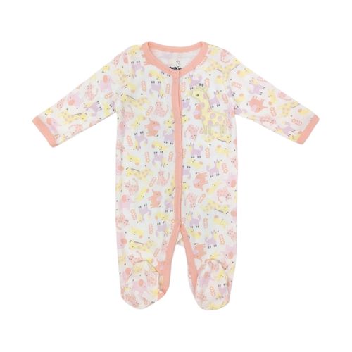 Pijama color rosa estampada de mangas largas con piecitos para bebé niña
