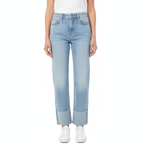 Straight jeans color azul claro con detalle de brillos para mujer