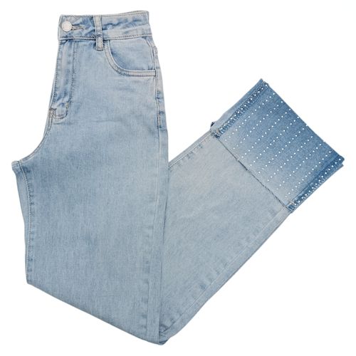 Straight jeans color azul claro con detalle de brillos para mujer