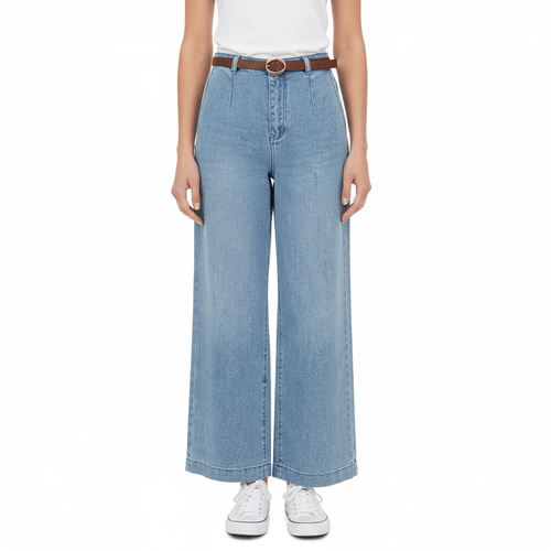 Wide leg cropped jeans azul claro lavado para mujer