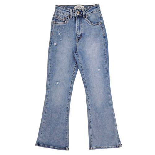 Flare petit jeans azul claro lavado con rasgado para mujer