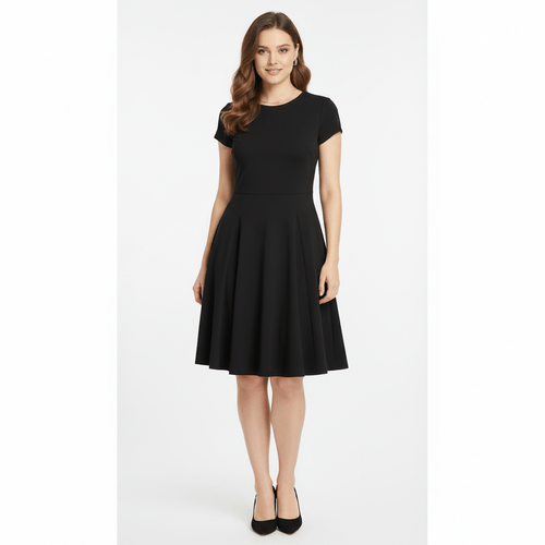 Vestido color negro de cuello redondo y mangas cortas para mujer