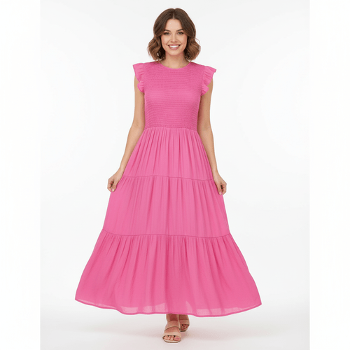 Vestido color rosa casual midi con vuelo para mujer