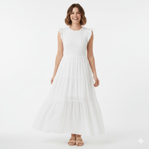 Vestido color blanco casual midi con vuelo para mujer