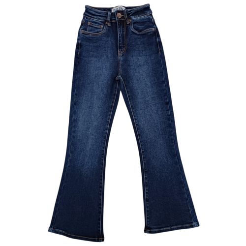 Flare jeans en color azul y detalle lavado para mujer