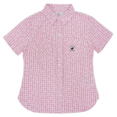 Blusa rosa casual cuadriculada con mangas cortas para mujer