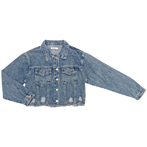 Chaqueta color azul tipo denim rasgada para mujer