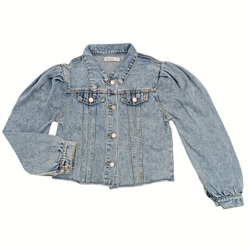 Chaqueta color azul claro lavado tipo denim puff para mujer