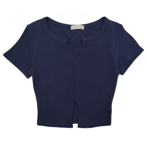 Camiseta cropped color azul oscuro con mangas cortas para mujer