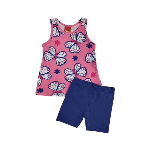 Conjunto de camiseta desmangada en color rosa  y short en color azul para niña