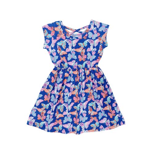 Vestido color azul de cuello redondo con estampado de mariposas para niña