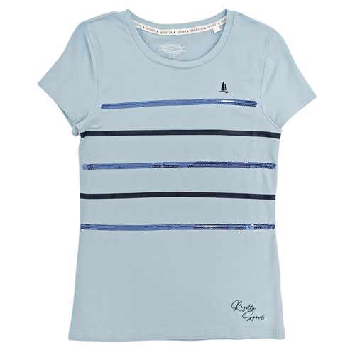 Camiseta color celeste de cuello redondo con detalle de lentejuelas para mujer