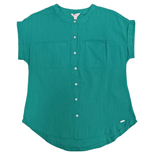 Blusa color verde estilo casual con cierre frontal de botones y mangas cortas para mujer