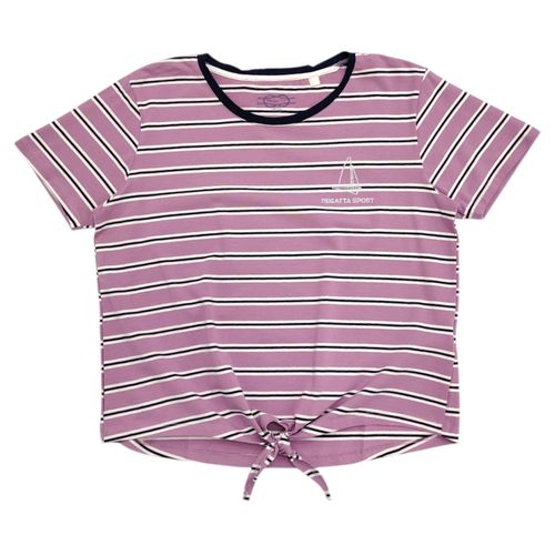 Camiseta color lila con diseño rayado de cuello redondo y mangas cortas para mujer